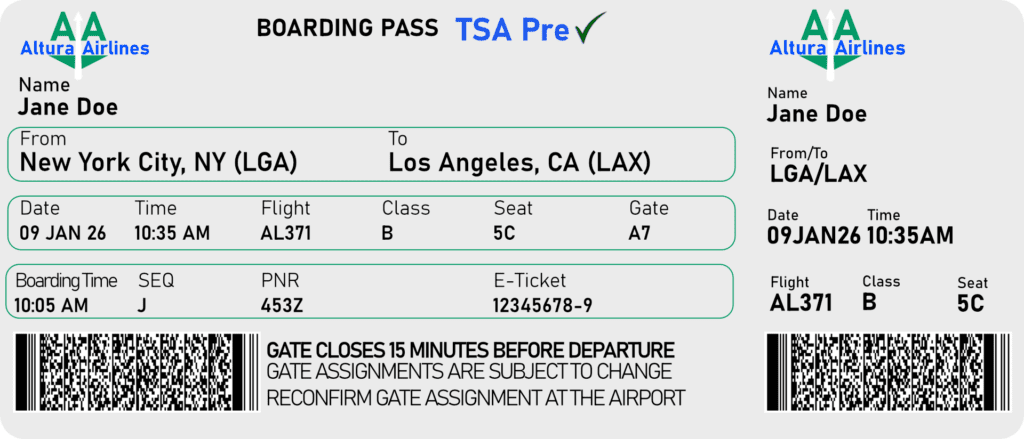 Altura Airlines logo and boarding pass mock-up. Logo design and branding.