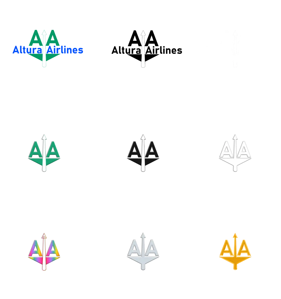 Altura Airlines logo set: full color, black and white full logo, plus icons in full color, black, white, rainbow gradient, silver, and gold. Logo design.