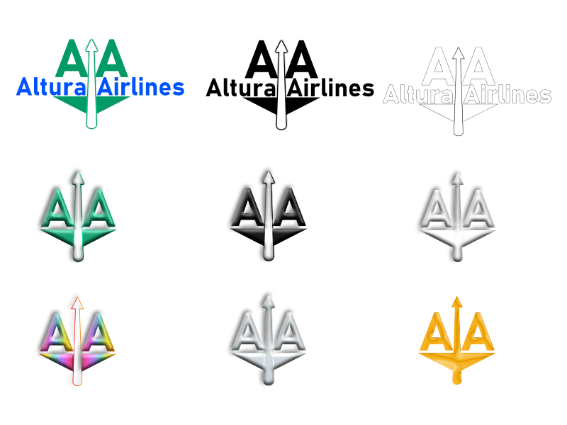 Altura Airlines logo set: full color, black and white full logo, plus icons in full color, black, white, rainbow gradient, silver, and gold. Logo design.