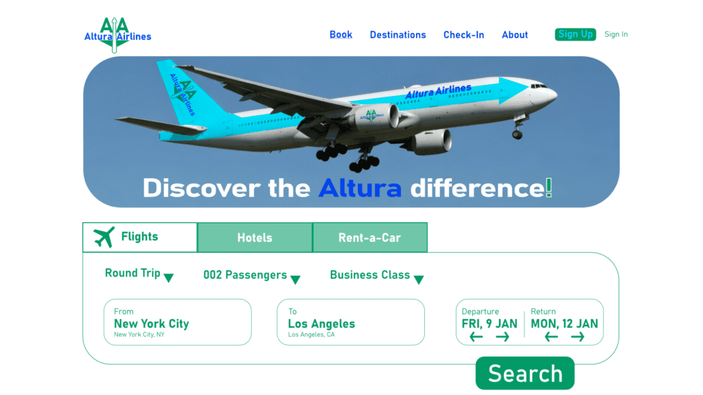Altura Airlines logo and laptop website mock-up. Logo design and branding.