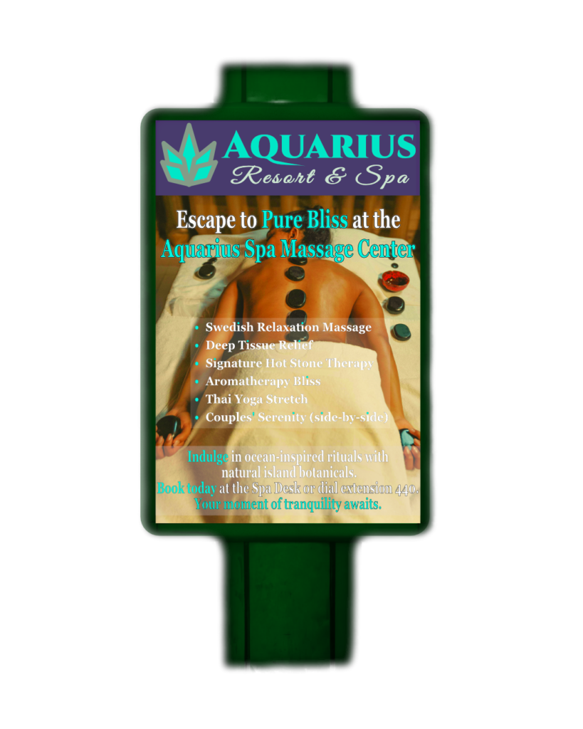 Aquarius Resort and Spa lobby poster. Promotional graphic design.