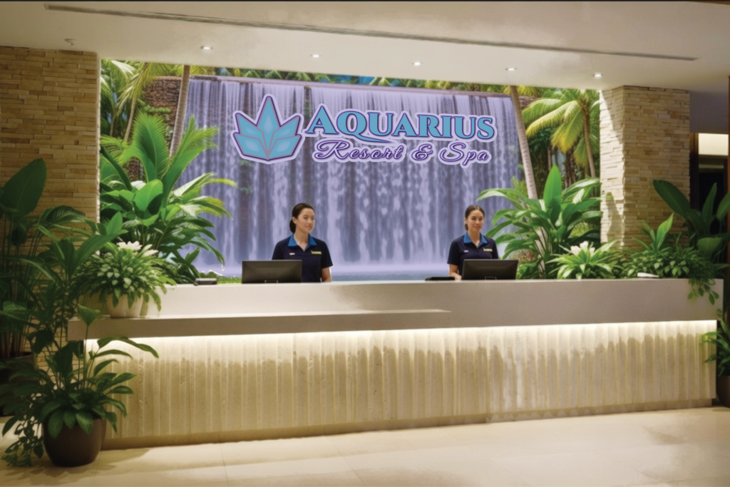 Aquarius Resort and Spa registration desk mock-up. Branding design.
