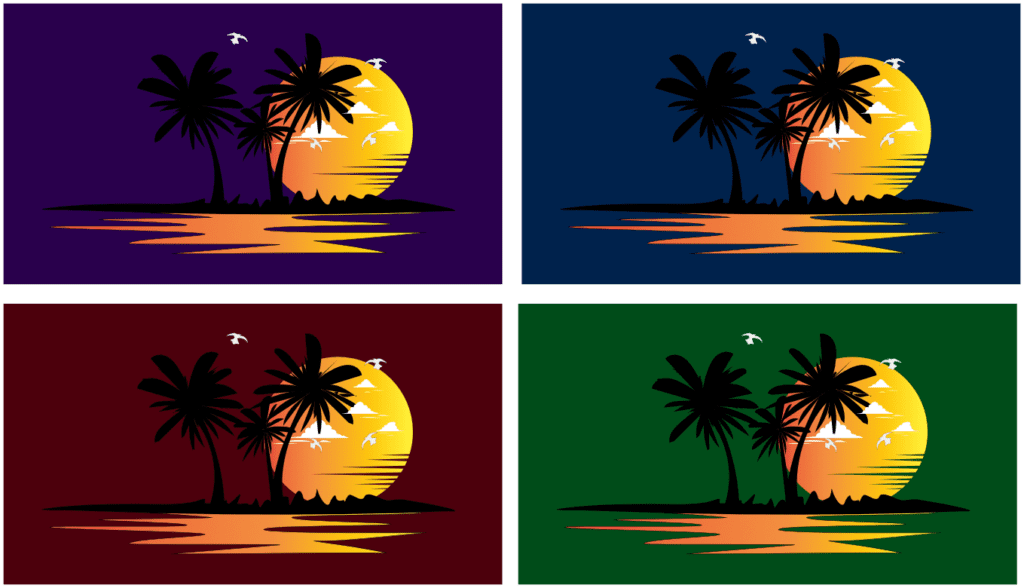 Gallery of beach sunset illustration with 4 different background colors. Graphic design for t-shirt.