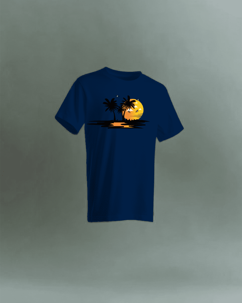 Beach sunset vector illustration mock-up on dark blue t-shirt. Graphic design.