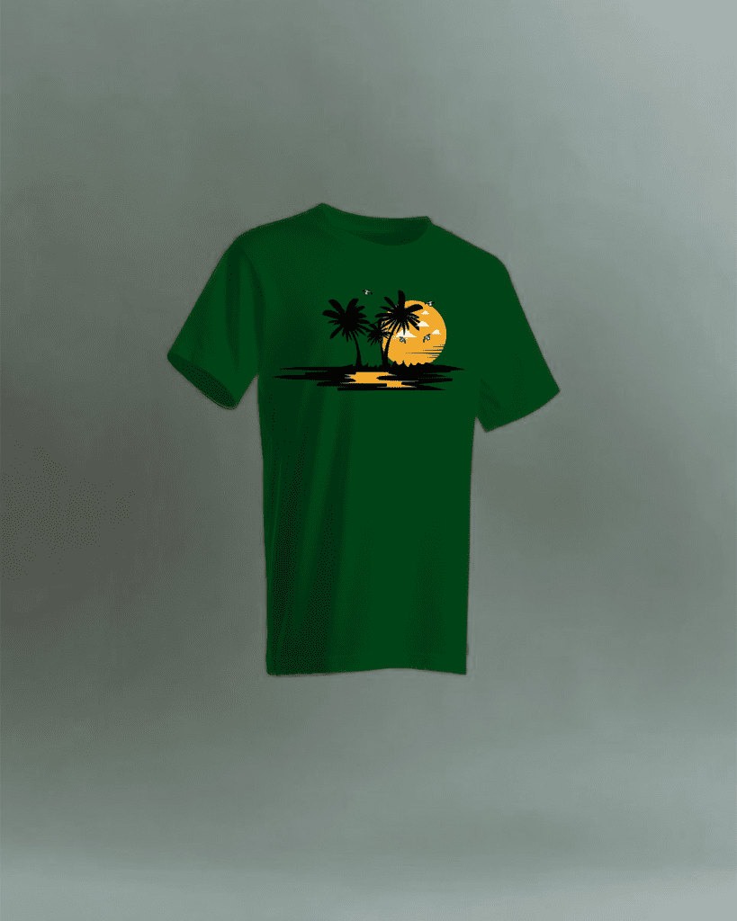 Beach sunset vector illustration mock-up on dark green t-shirt. Graphic design.