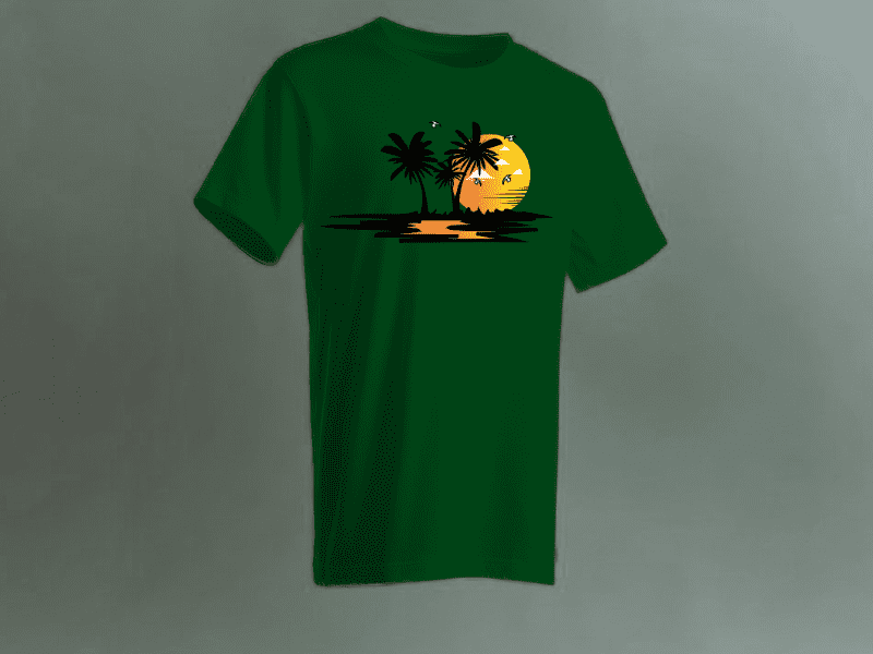 Beach sunset vector illustration mock-up on dark green t-shirt. Graphic design.