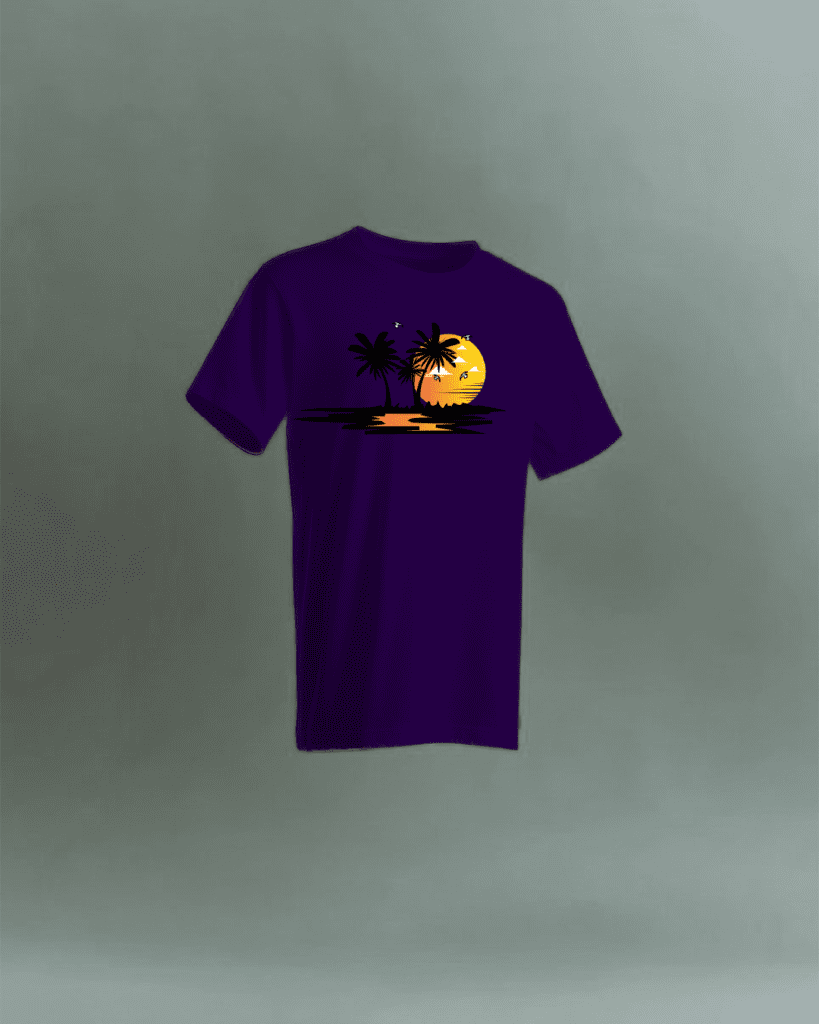 Beach sunset vector illustration mock-up on dark purple t-shirt. Graphic design.