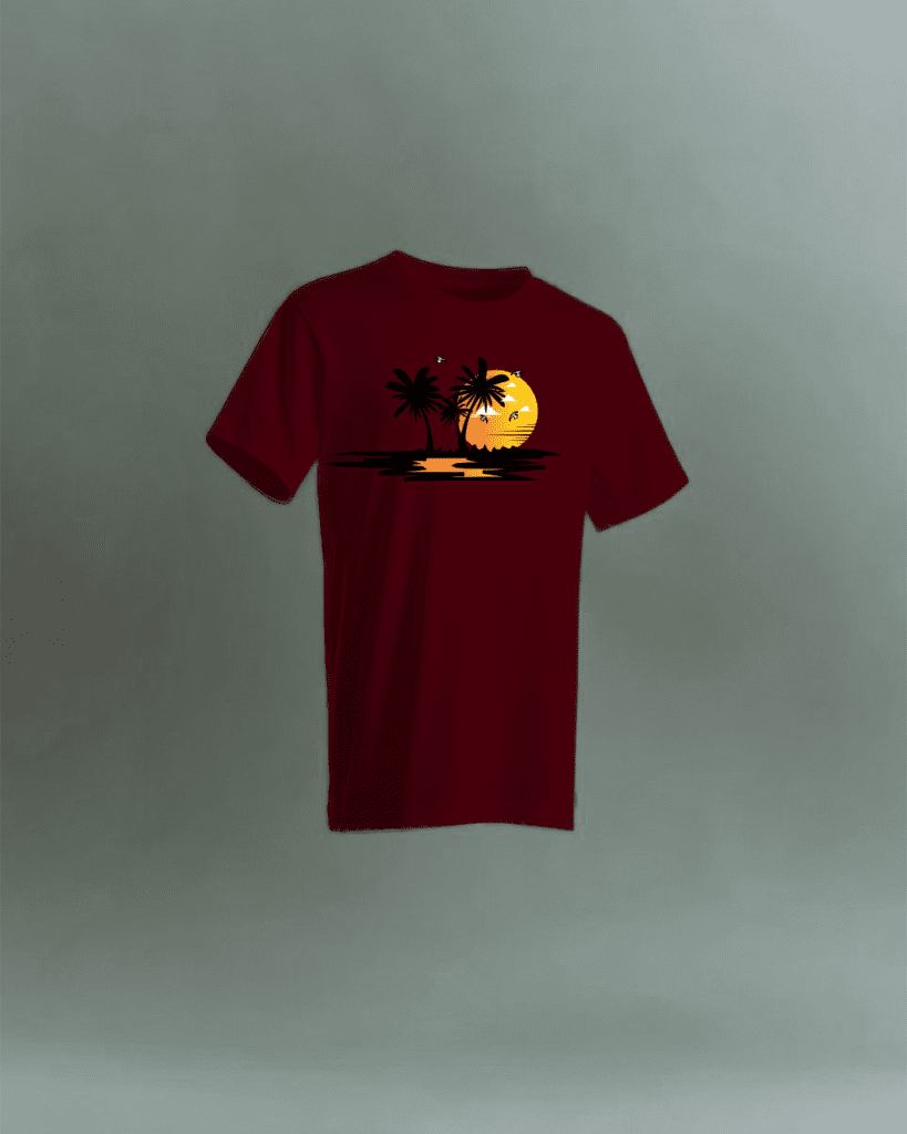 Beach sunset vector illustration mock-up on dark red t-shirt. Graphic design.