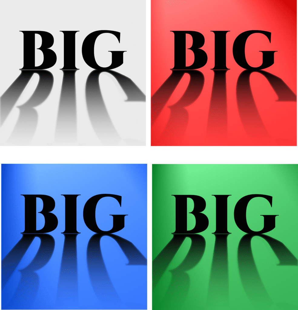 Text shadow effect with word BIG on 4 different colored backgrounds: white, red, green, and blue. Graphic design.