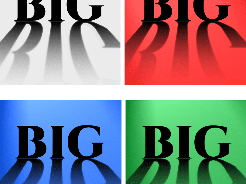 Text shadow effect with word BIG on 4 different colored backgrounds: white, red, green, and blue. Graphic design.