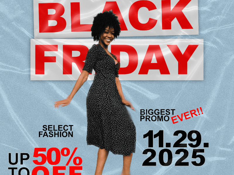Black Friday poster with "Biggest Promo Ever!!" tagline, 50% off, and model in dress. Promotional graphic design.