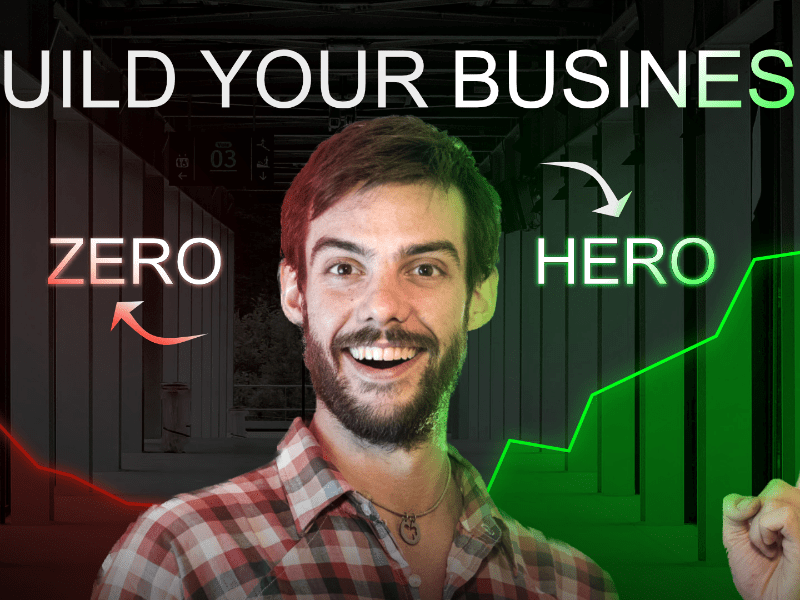 "Build Your Business" YouTube thumbnail mock-up with zero-to-hero red and green line graphs. Promotional graphic design.