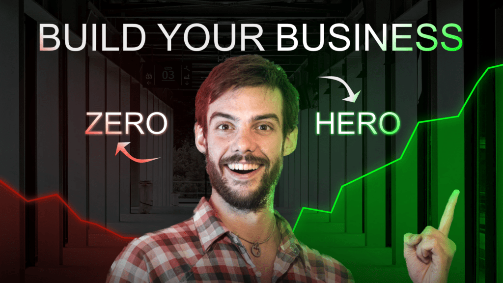 "Build Your Business" YouTube thumbnail mock-up with zero-to-hero red and green line graphs. Promotional graphic design.