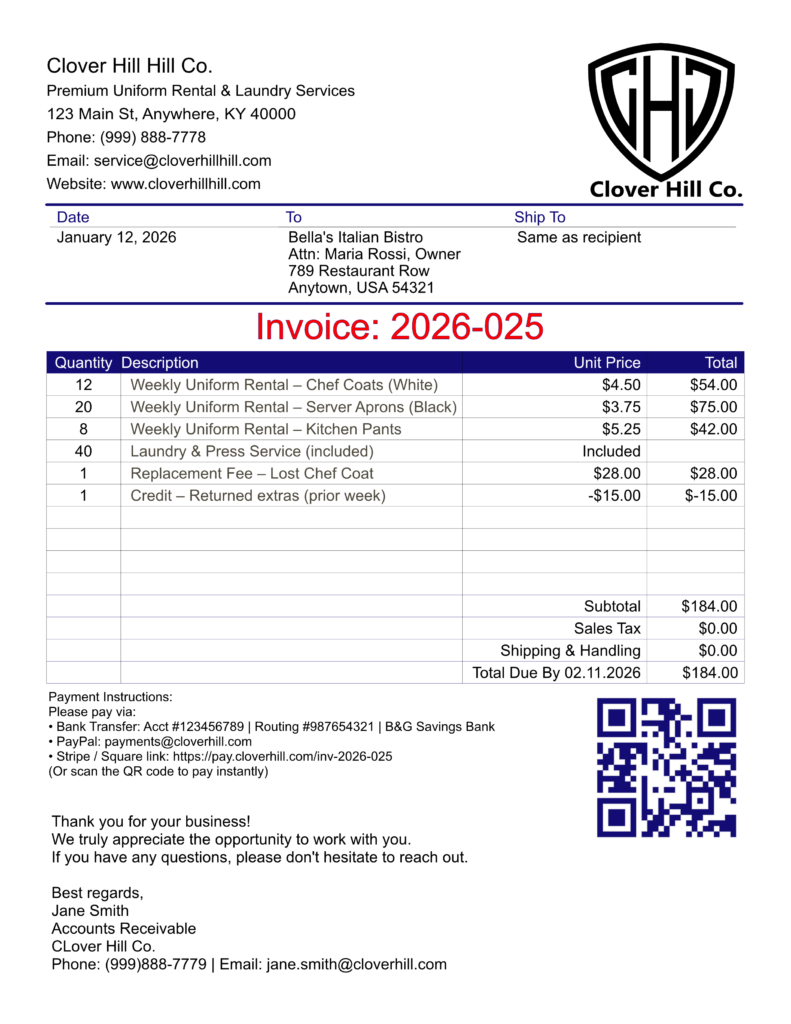 Clover Hill Co. invoice mock-up with logo and QR code. Branding design.