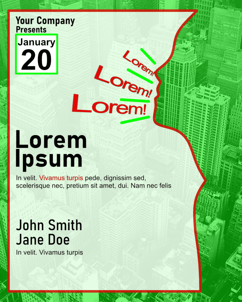 Cityscape poster with "Your Company January 20 Lorem Ipsum" text. Promotional graphic design.