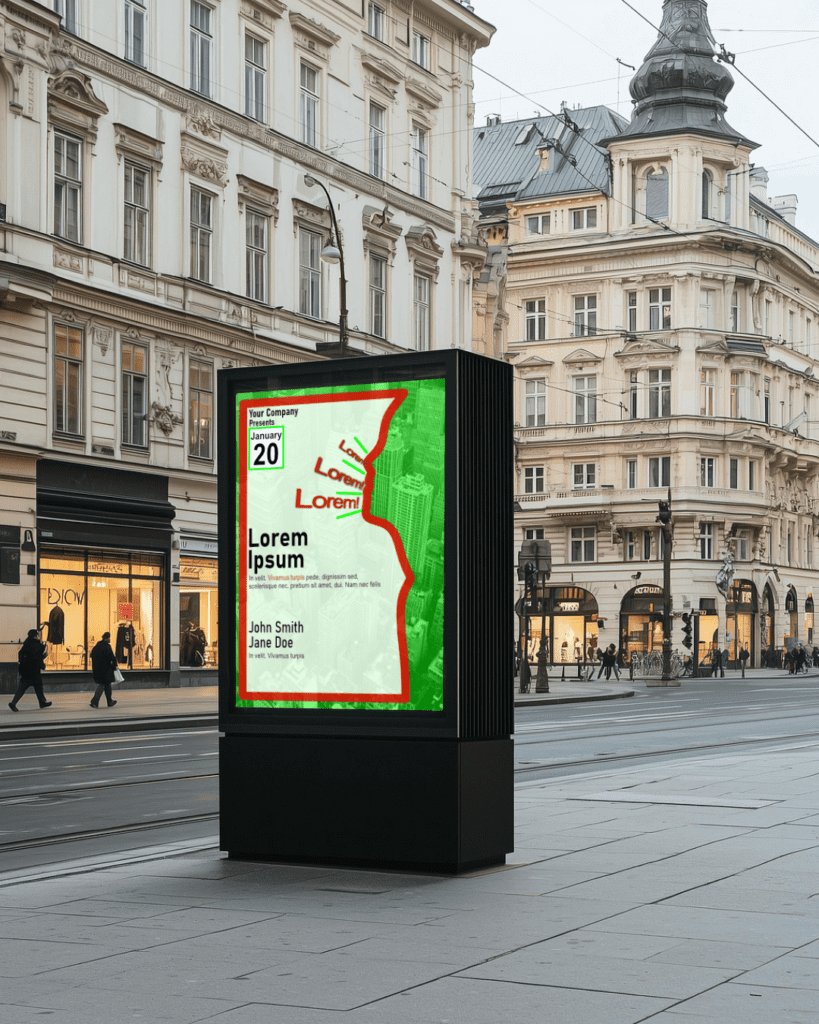 Cityscape poster street sign mock-up in urban setting. Promotional graphic design.