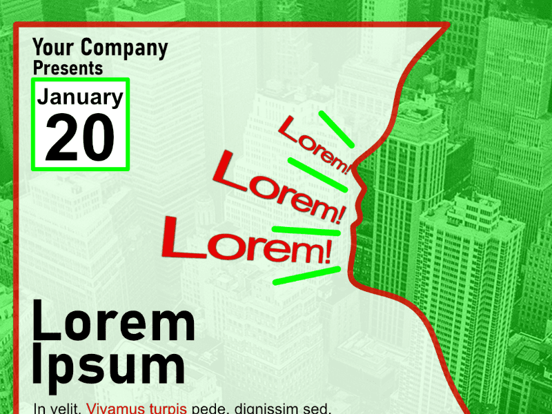 Cityscape poster with "Your Company January 20 Lorem Ipsum" text. Promotional graphic design.