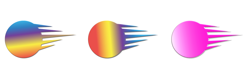 Three vector comet graphic designs with horizontal/vertical rainbow and pink gradients. Graphic design.