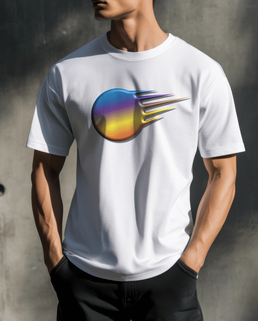 Horizontal rainbow gradient comet mock-up on men's white t-shirt. Graphic design.