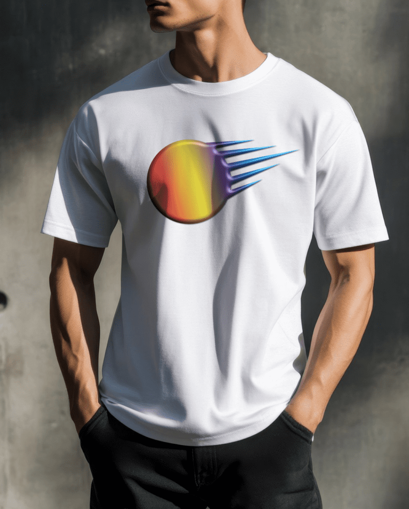 Vertical rainbow gradient comet mock-up on men's white t-shirt. Graphic design.