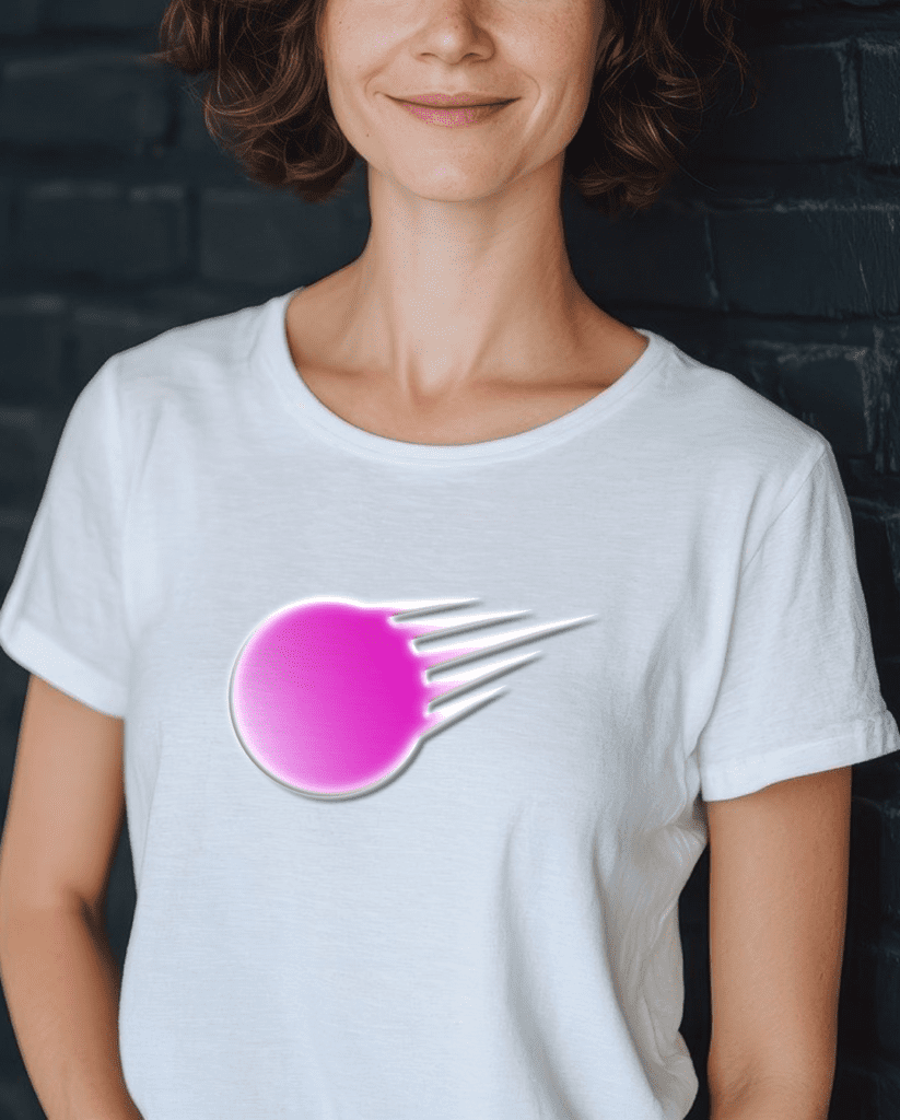 Pink comet graphic mock-up on women's t-shirt. Graphic design.