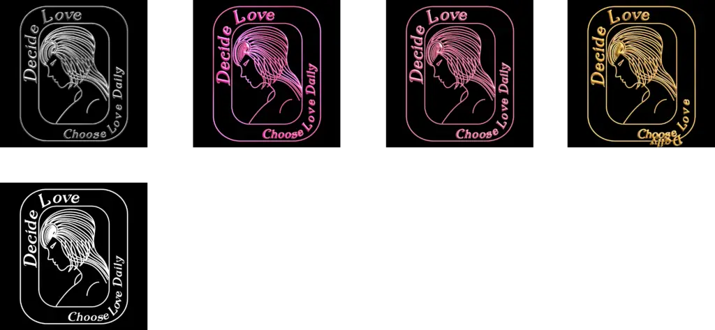 Decide Love logo variations in white, silver, pink, rose gold, and gold silhouettes. Logo design.