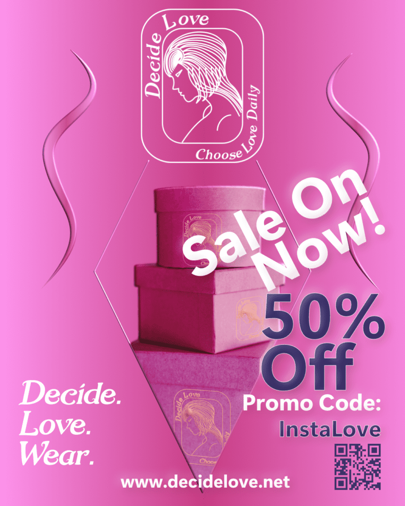 Decide Love social ad 2 with "Sale On! 50% Off Promo" and stacked boxes. Promotional graphic design.