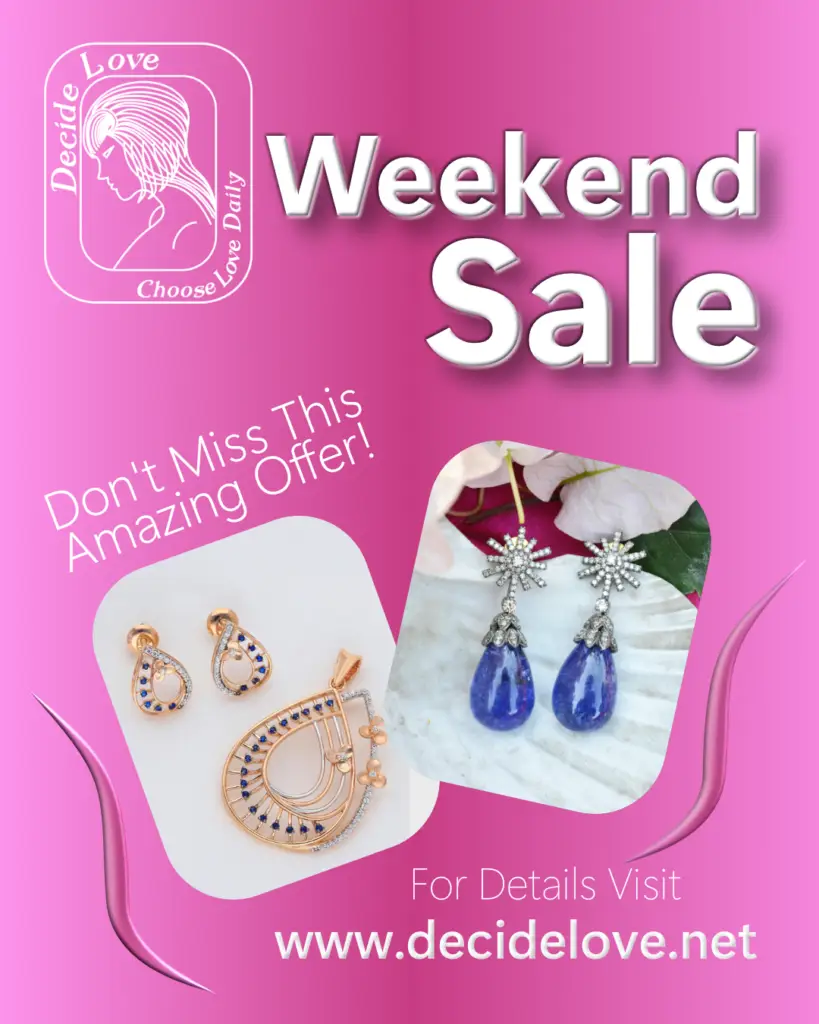 Decide Love social ad 3 with "Weekend Sale" and earring image. Promotional graphic design.