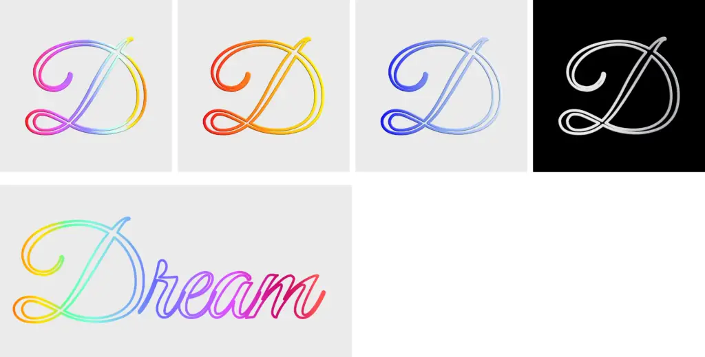 Special rainbow, orange, blue, and white gradient styles in the letter stroke of the letters D and Dream word. Graphic design.