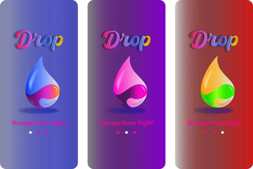 Drop Cloud Storage splash screen variations in blue, pink, and red gradients. Abstract graphic design.