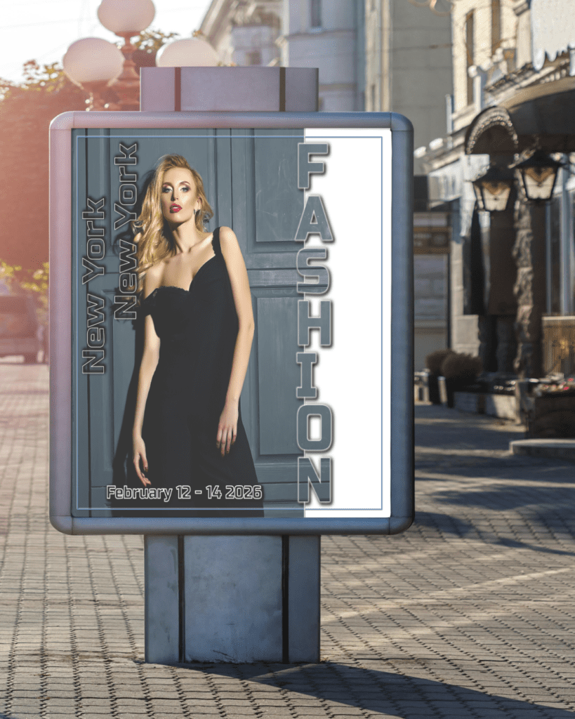 Fashion poster mock-up on urban street sign in city setting. Promotional graphic design.