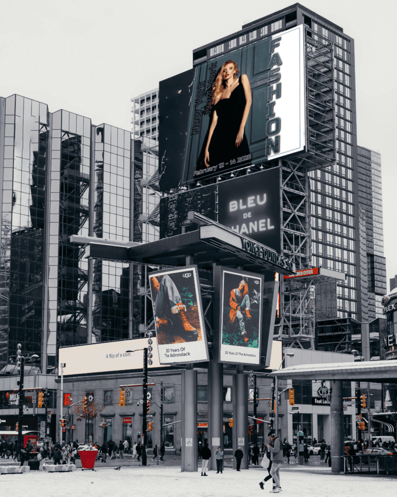 Fashion poster 1 mock-up on vertical billboard in city. Promotional graphic design.