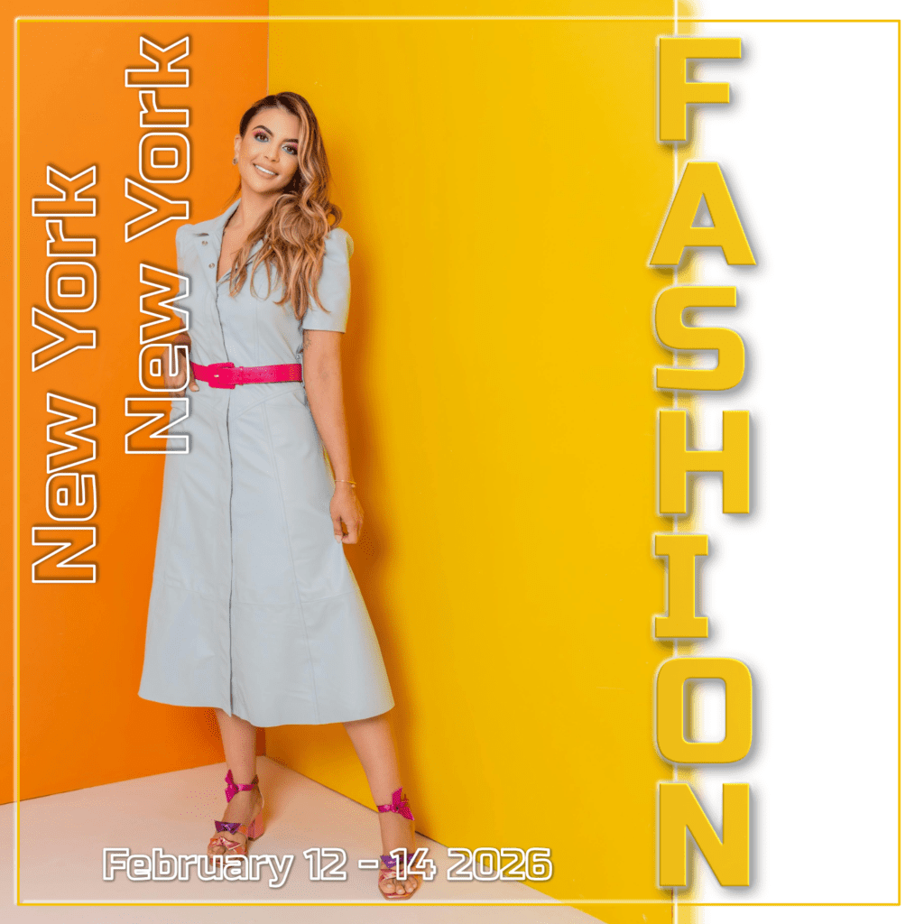 Fashion poster with "New York Fashion" text and model in white dress on yellow background. Promotional graphic design.