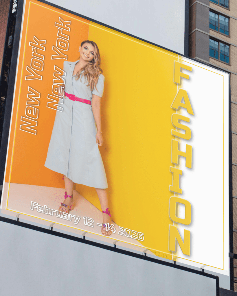 Fashion poster mock-up on vertical billboard on building. Promotional graphic design.