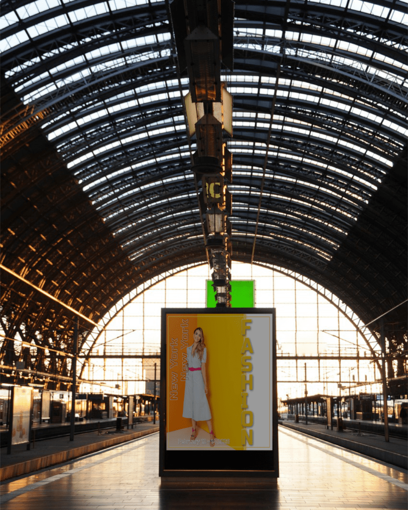 Fashion poster mock-up on train station display. Promotional graphic design.