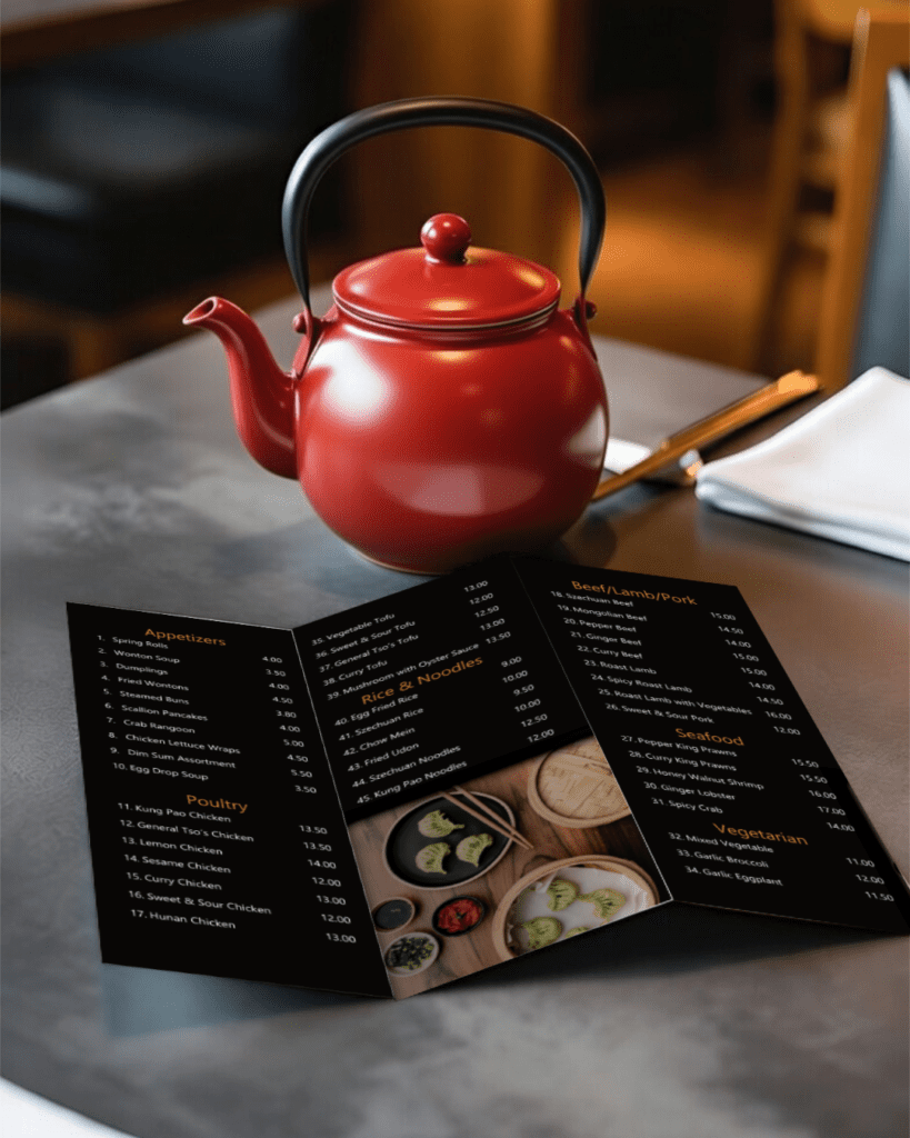 Golden Dragon restaurant menu mock-up on table with teapot. Branding and menu design.