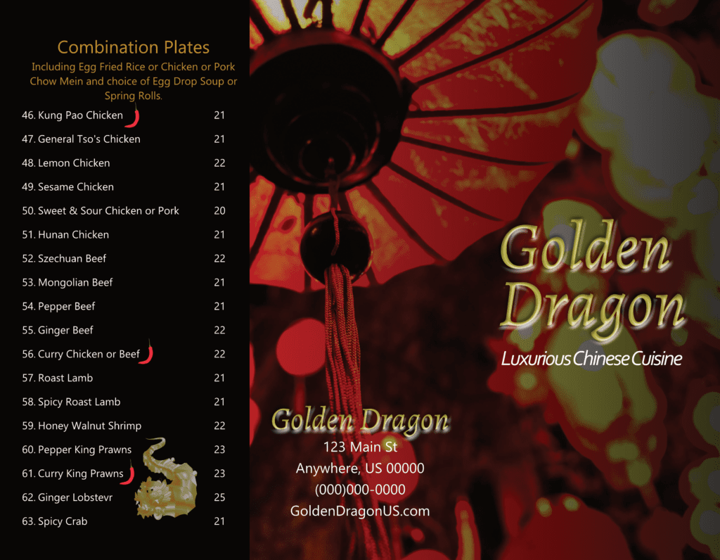 Golden Dragon restaurant menu panel for Combination Plates, featuring red lantern background, gold logo, and listed dishes like Kung Pao Chicken and General Tso's with prices. Graphic design and menu layout.