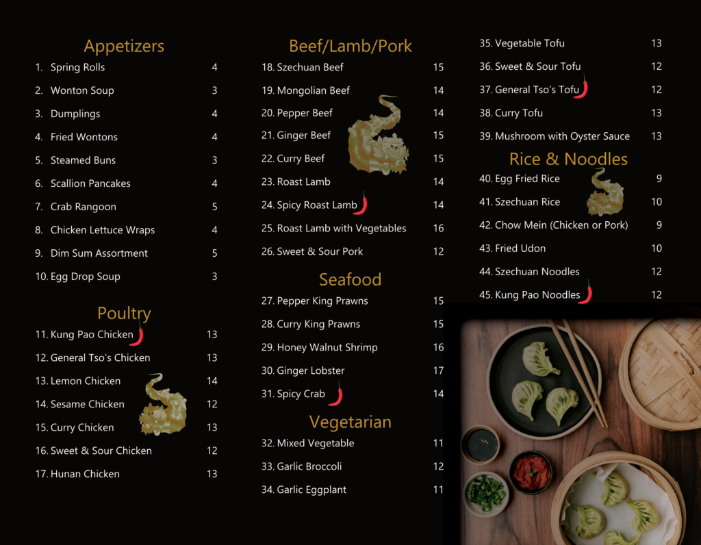 Golden Dragon restaurant interior menu spread with sections for Appetizers, Beef/Lamb/Pork, Poultry, Seafood, Vegetarian, Rice & Noodles, plus icons and bamboo steamer photos. Graphic design and menu layout.