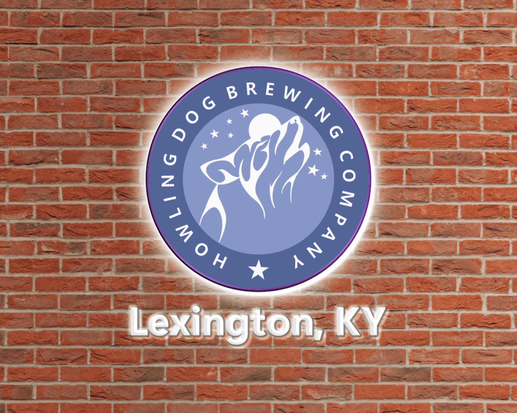 Howling Dog Brewing logo mock-up as sign on brick wall with Lexington, KY below. Logo and branding design.