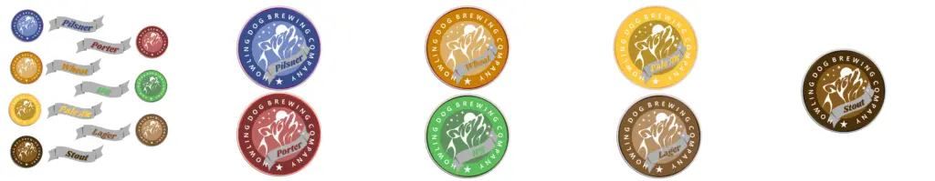 Howling Dog Brewing logos in 7 different color versions with matching beer type ribbons on coaster designs. Logo design.