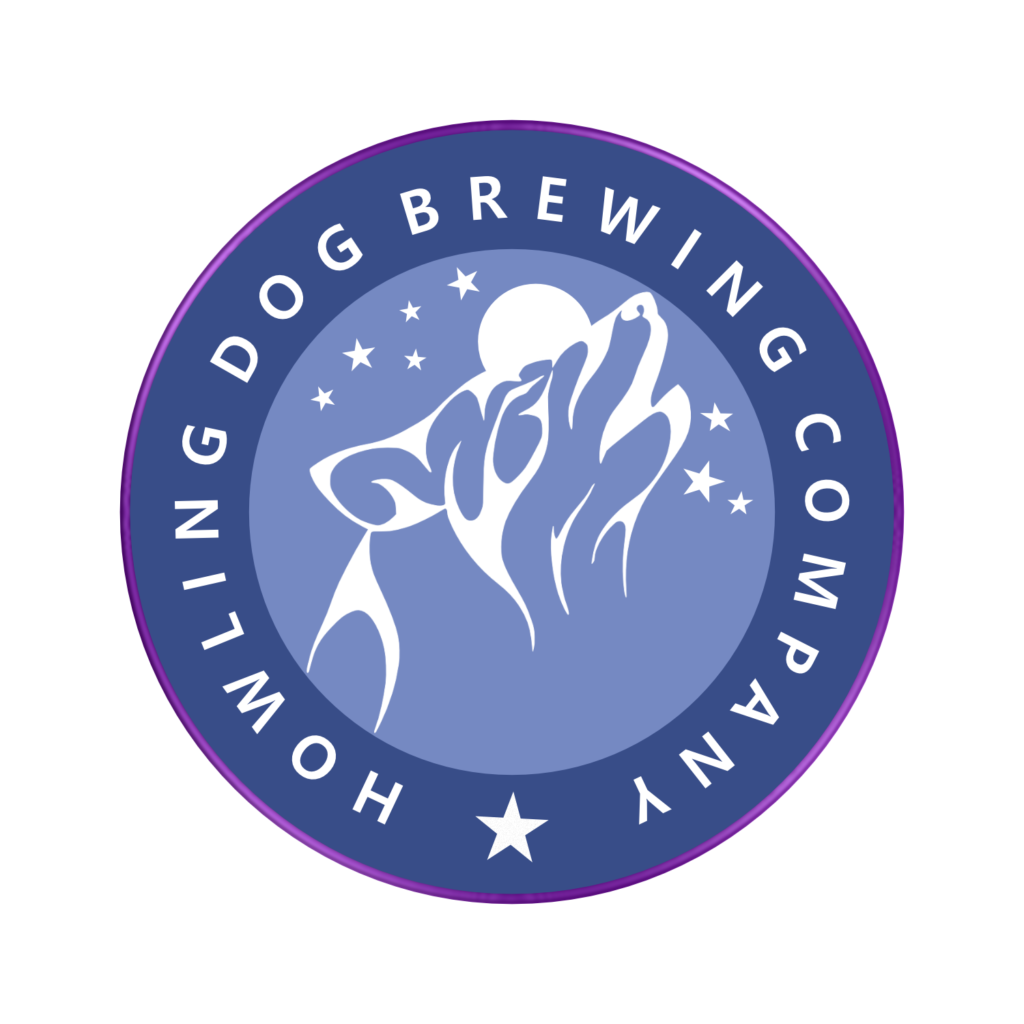 Howling Dog Brewing logo in full color with blue hues, white lettering and graphics, and purple outer ring. Logo design.