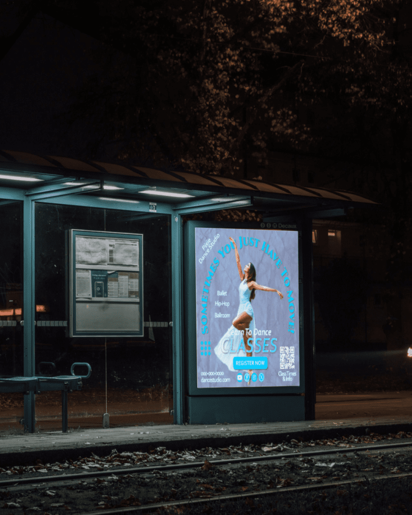 Learn to Dance poster mock-up on train stop shelter. Promotional graphic design.
