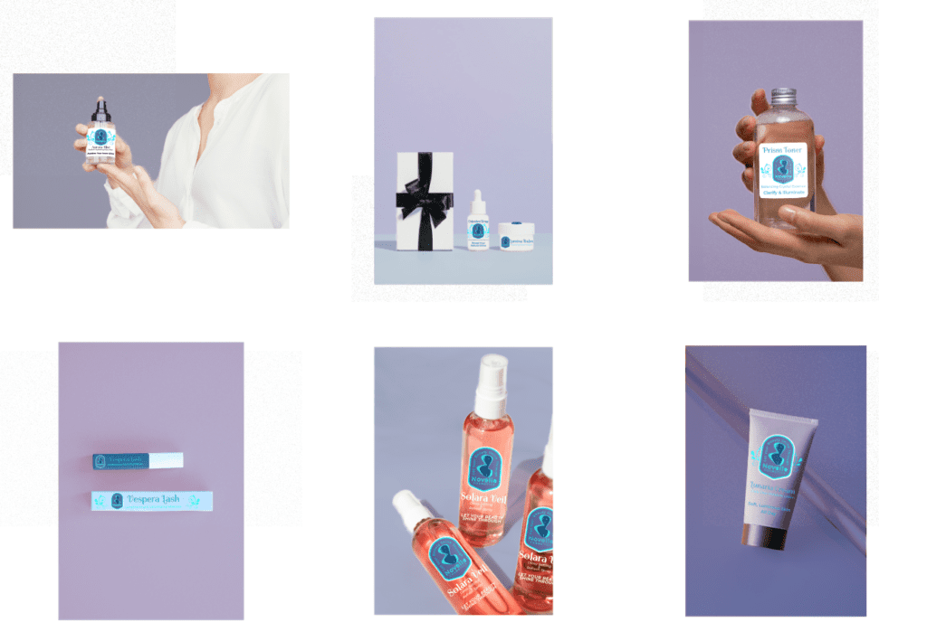 Novelle Cosmetics products mock-up with bottles and tubes. Branding design.