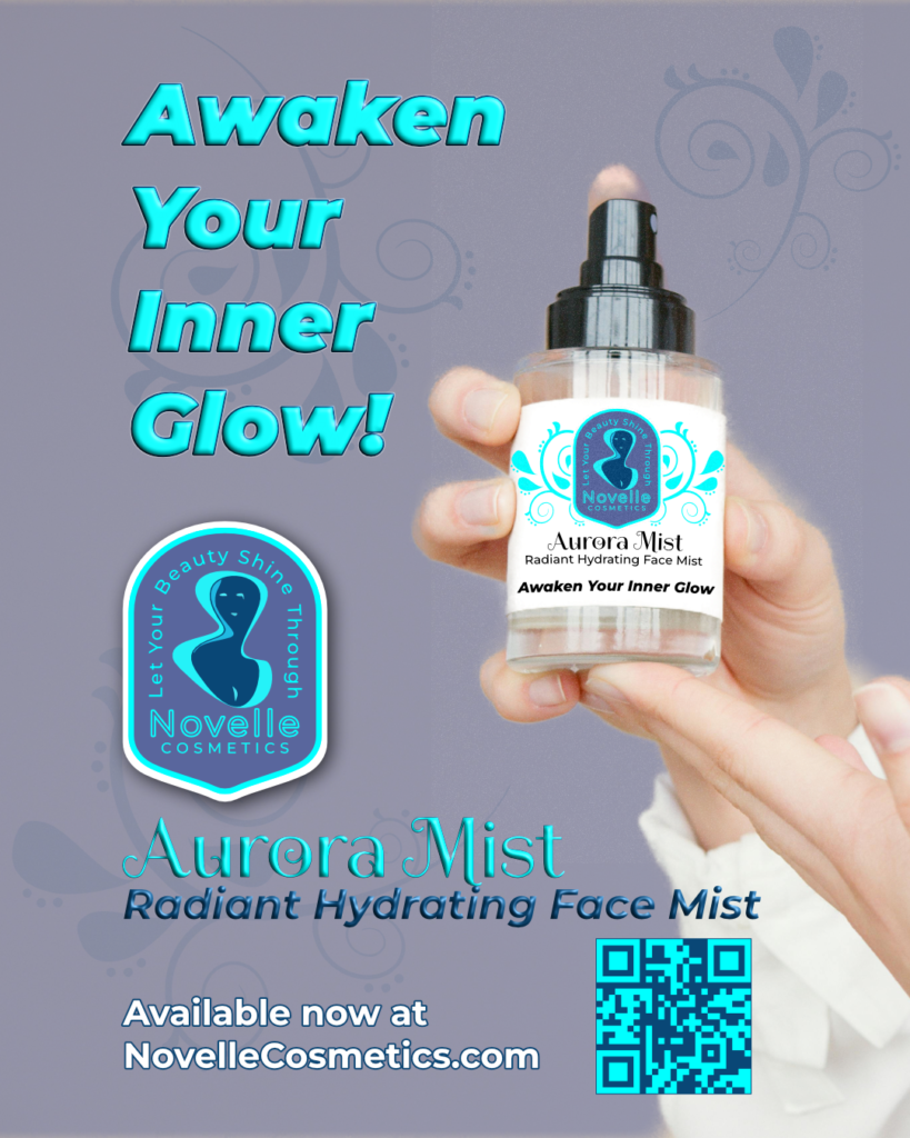 Novelle Cosmetics social ad for Aurora Mist with hand holding bottle. Promotional graphic design.