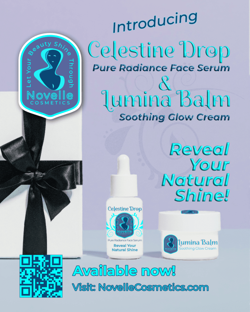 Novelle Cosmetics social ad for Celestine Drop and Lumina Balm. Promotional graphic design.
