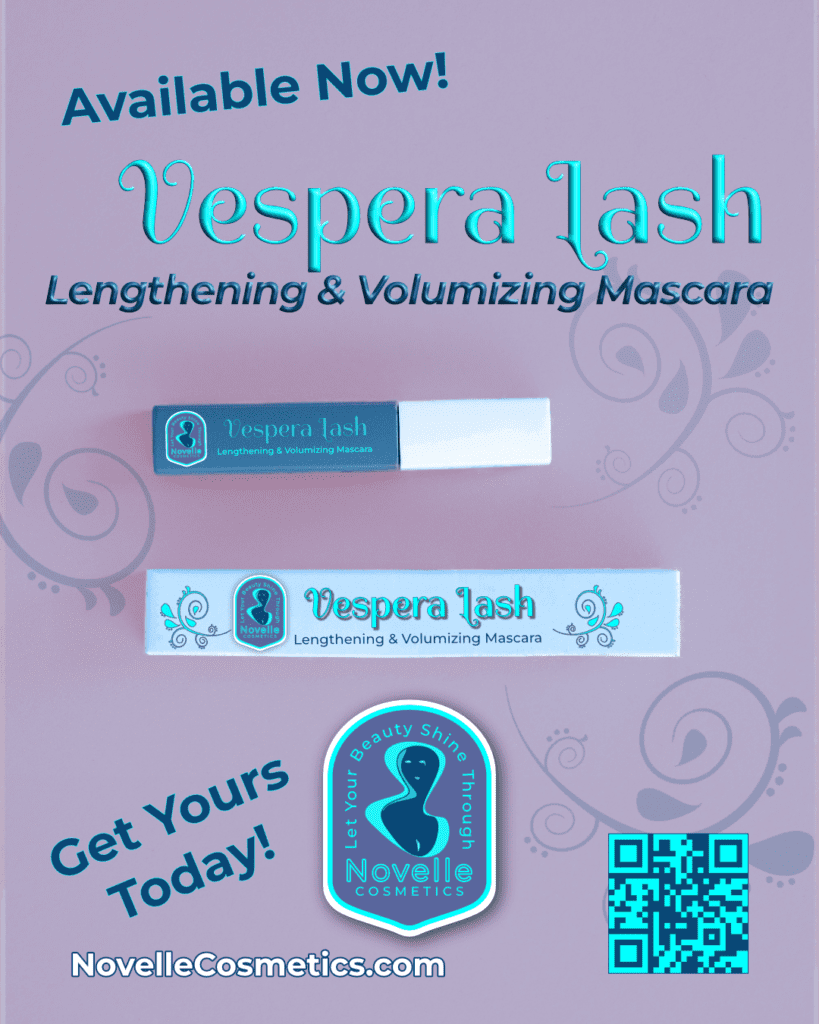 Novelle Cosmetics social ad for Vespera Lash. Promotional graphic design.