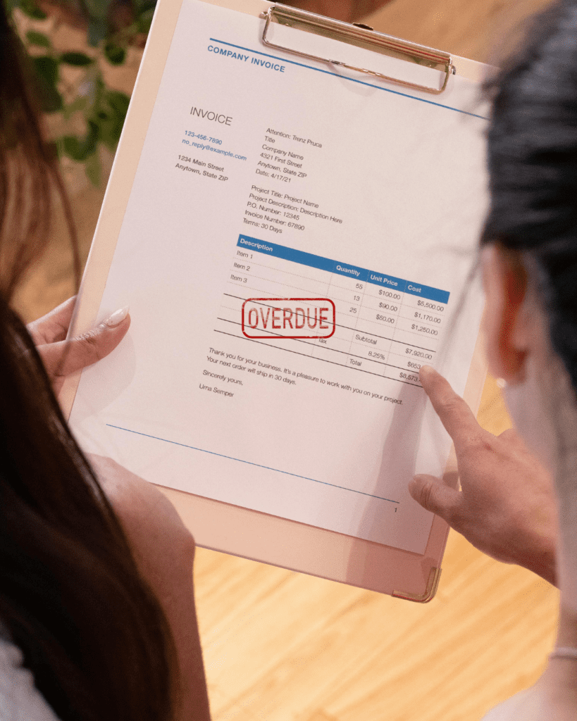 Overdue stamp mock-up on clipboard document. Graphic design.