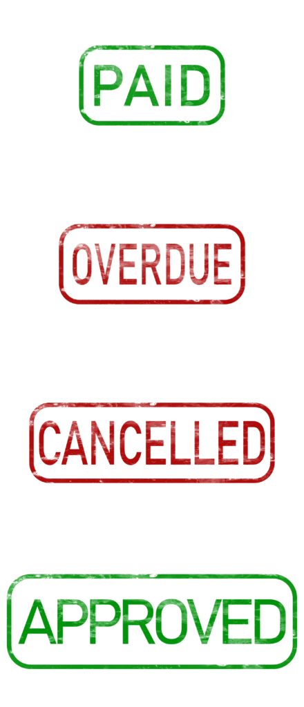 Paid stamp variations in green, red, and black: PAID, OVERDUE, CANCELLED, APPROVED. Graphic design set.