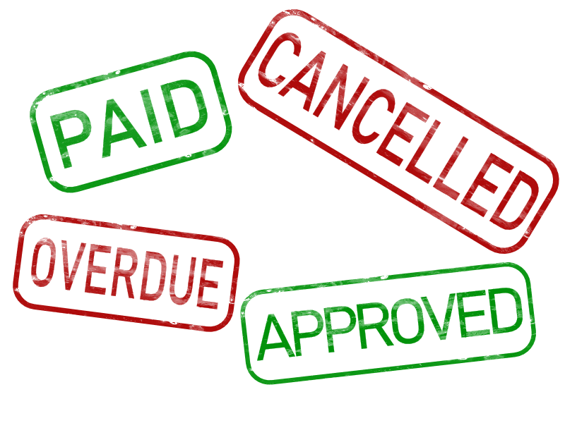 Paid stamp variations in green, red, and black: PAID, OVERDUE, CANCELLED, APPROVED. Graphic design set.