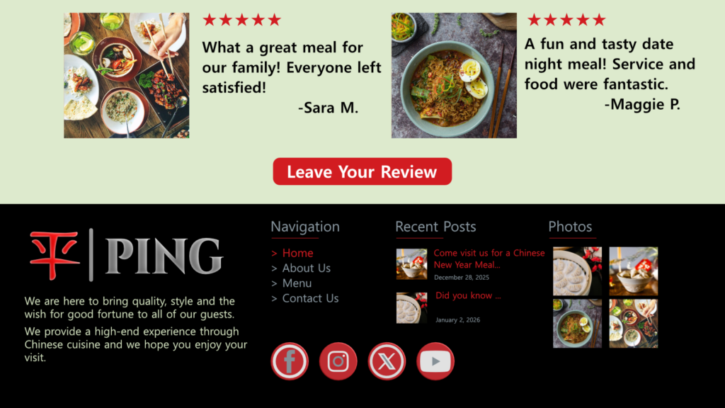 Ping Chinese Restaurant website footer mock-up. Web graphic design.